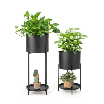 Set of 2 Metal Planter Pot Stands with Stands and Drainage Holes-Black