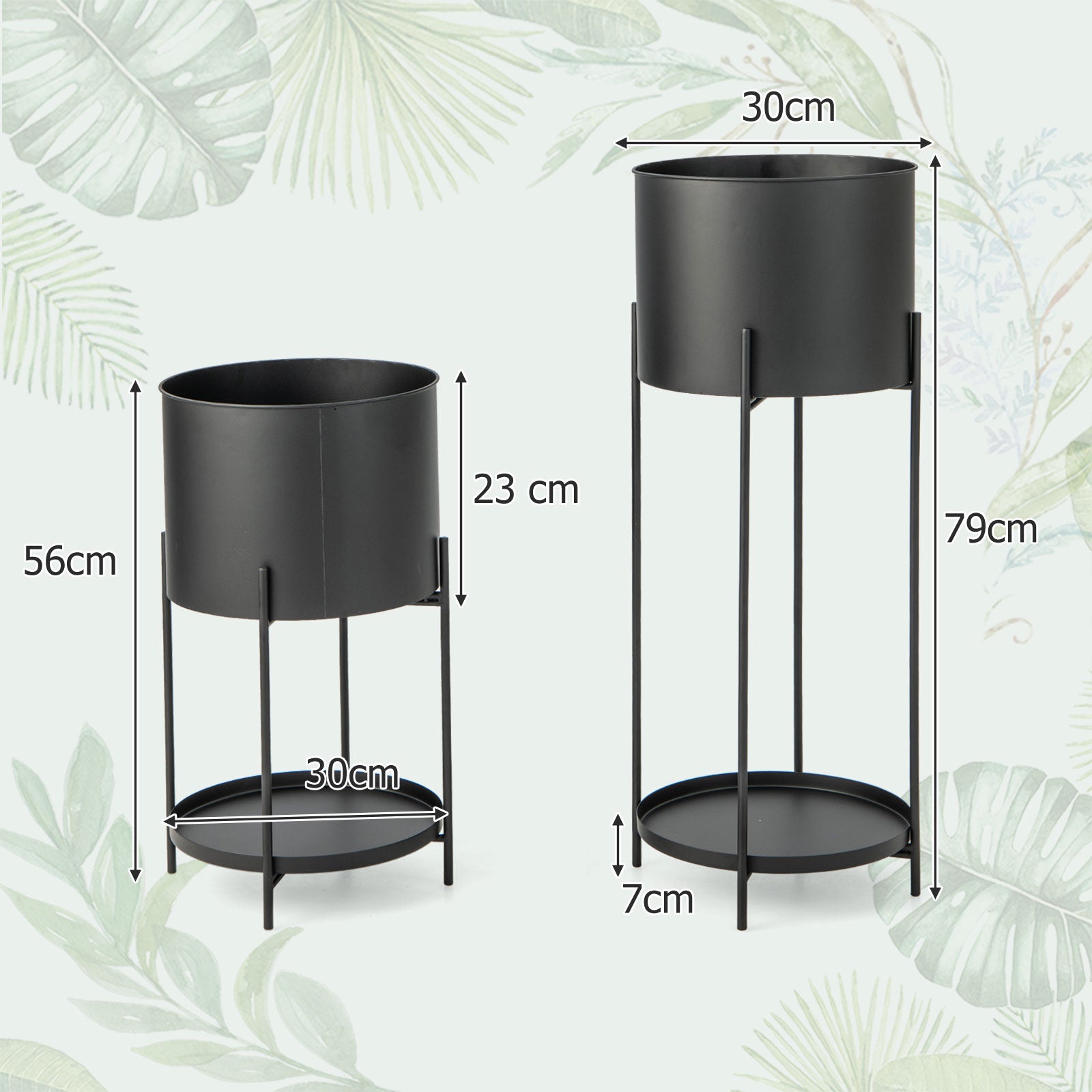 Set of 2 Metal Planter Pot Stands with Stands and Drainage Holes-Black