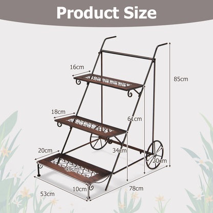 3-Tier Ladder Shaped Metal Plant Stand with Wheels and Handle