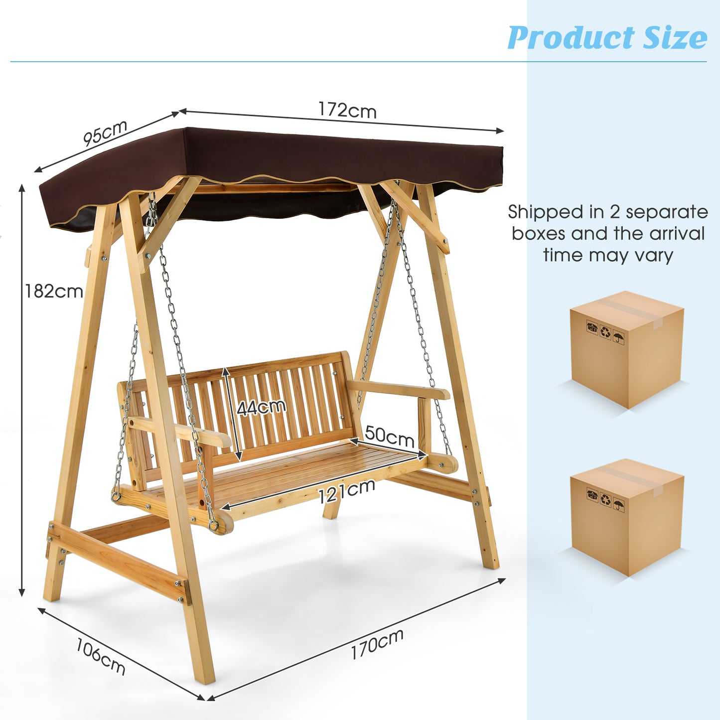 2-Seater Wooden Garden Swing Chair with Adjustable Canopy and Metal Chain