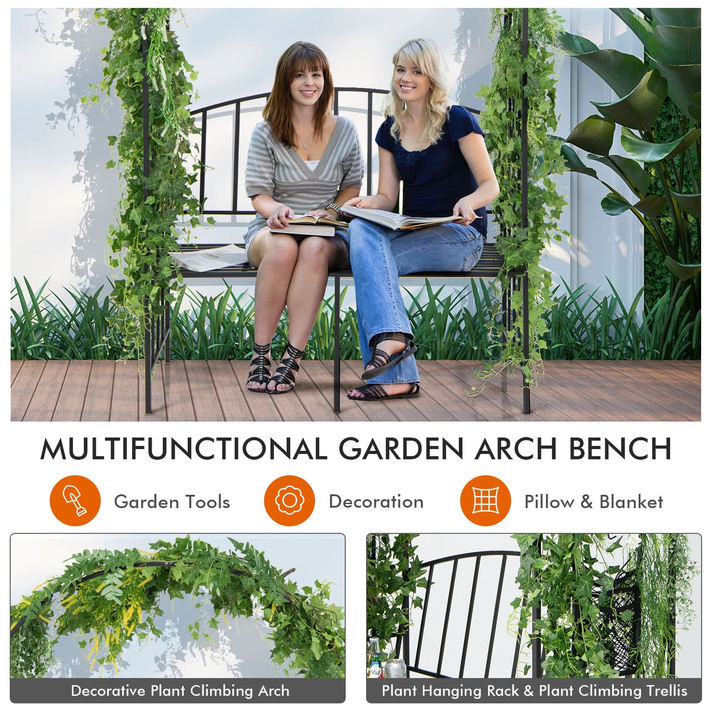 Outdoor Metal Garden Arch with Bench for Climbing Plants