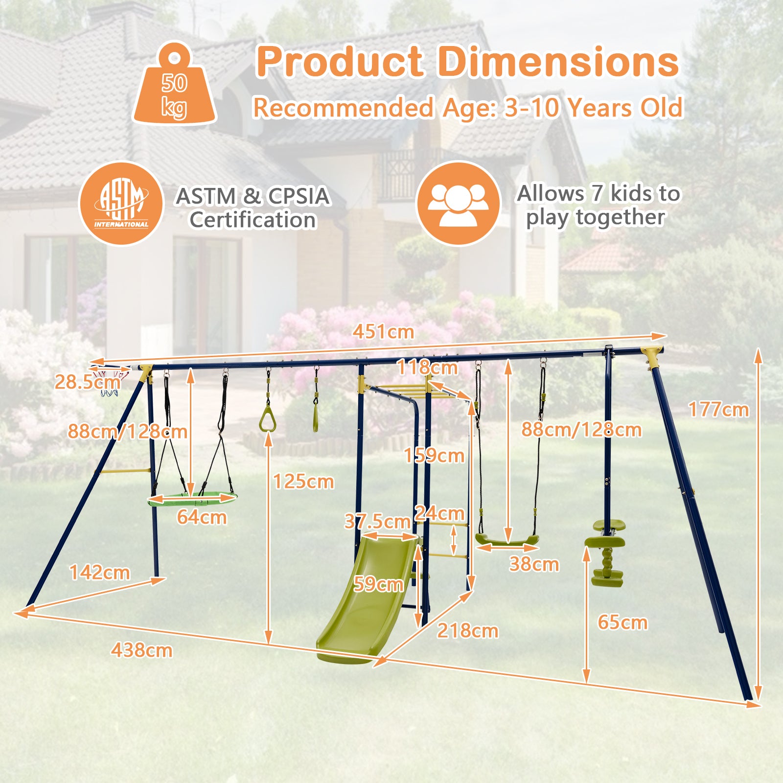 7-in-1 Multifunctional Backyard Playground Swing Set with 2 Swings