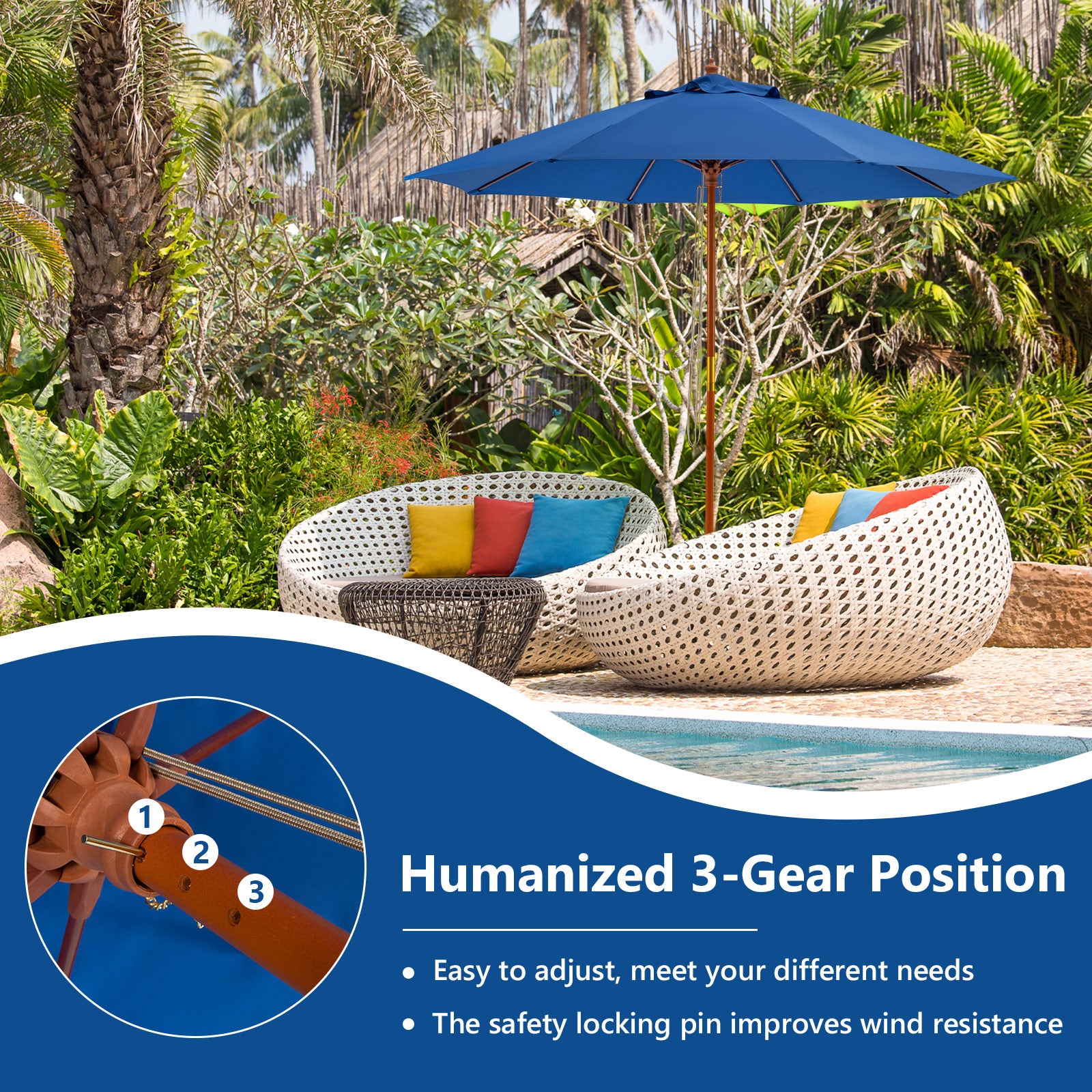 2.83M Garden Parasol with 3-Gear Position-Blue