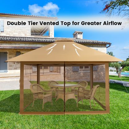 4 x 4m Pop-up Gazebo with Mesh Sidewalls and Adjustable Height-Brown