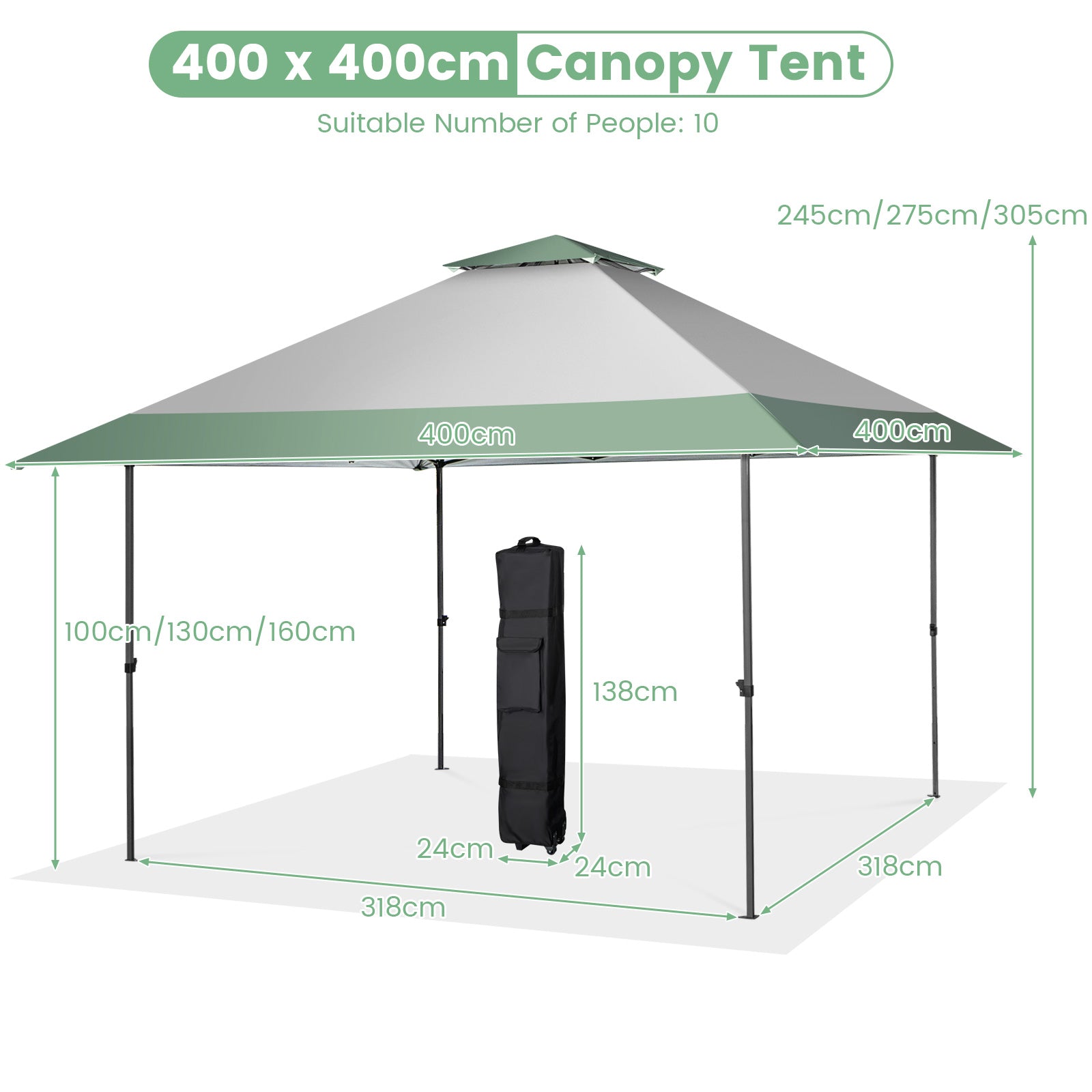 4m x 4m Pop Up Gazebo with 4 Reinforced Ribs and Widen Eaves-Green