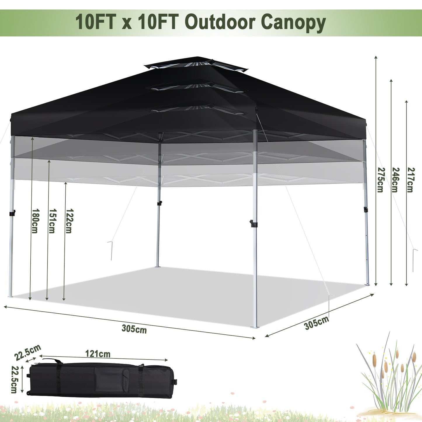 3m x 3m Pop Up Gazebo with Adjustable Height and Double Vented Roof-Black