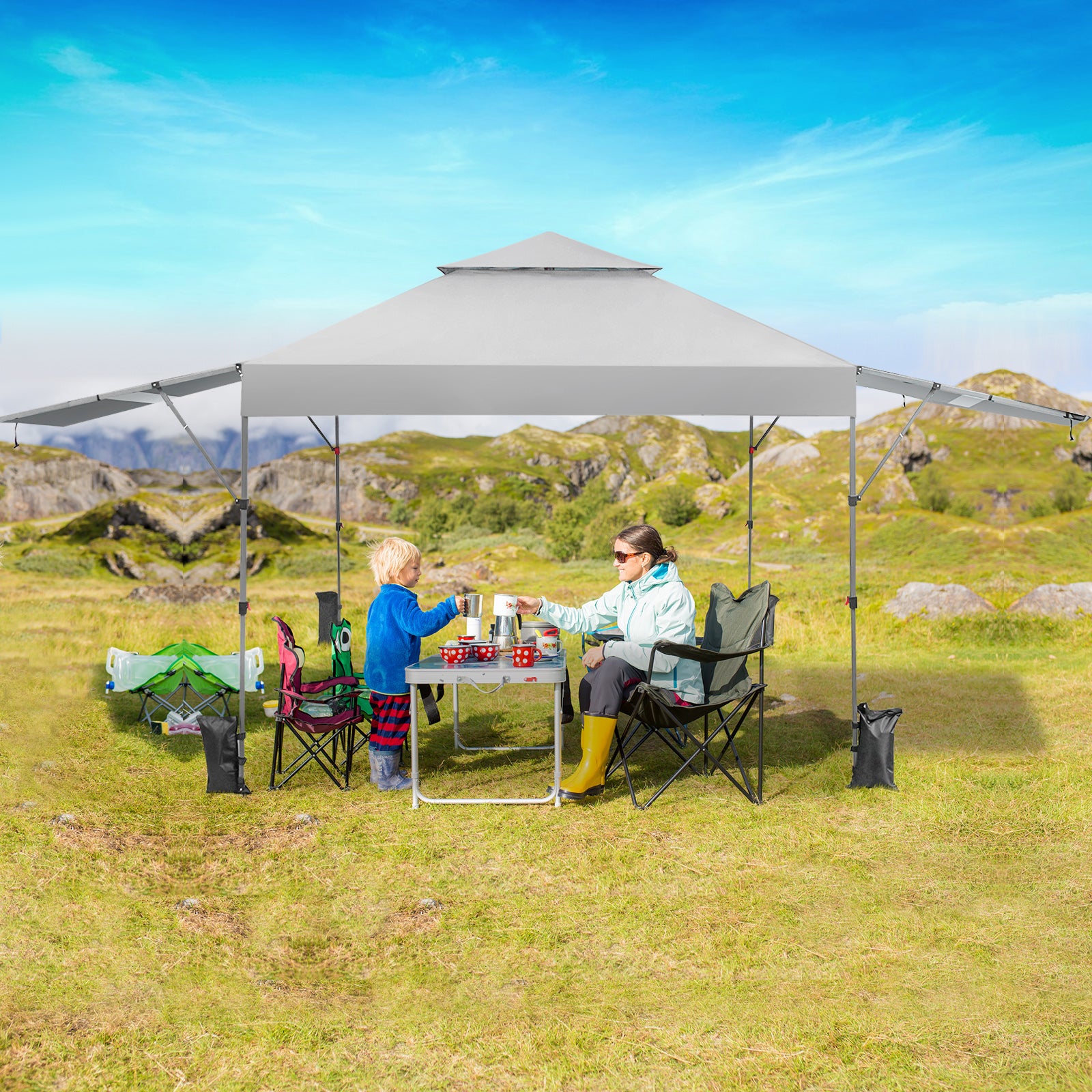 3 x 3m Rolling Pop up Gazebo with Adjustable Dual Awnings and Height-Silver Grey