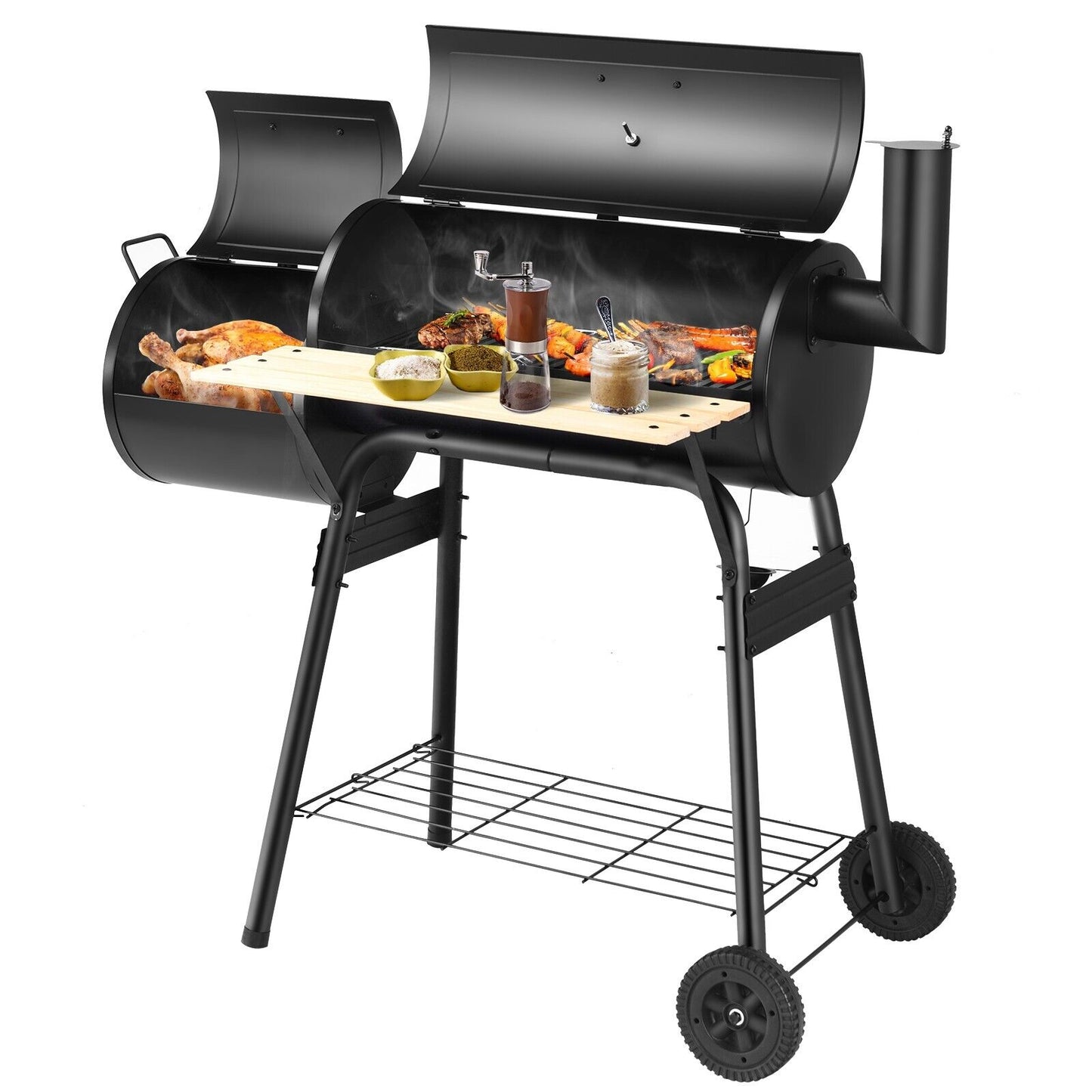 Charcoal BBQ Grill with Wheels and Shelves for Camping Picnic Party