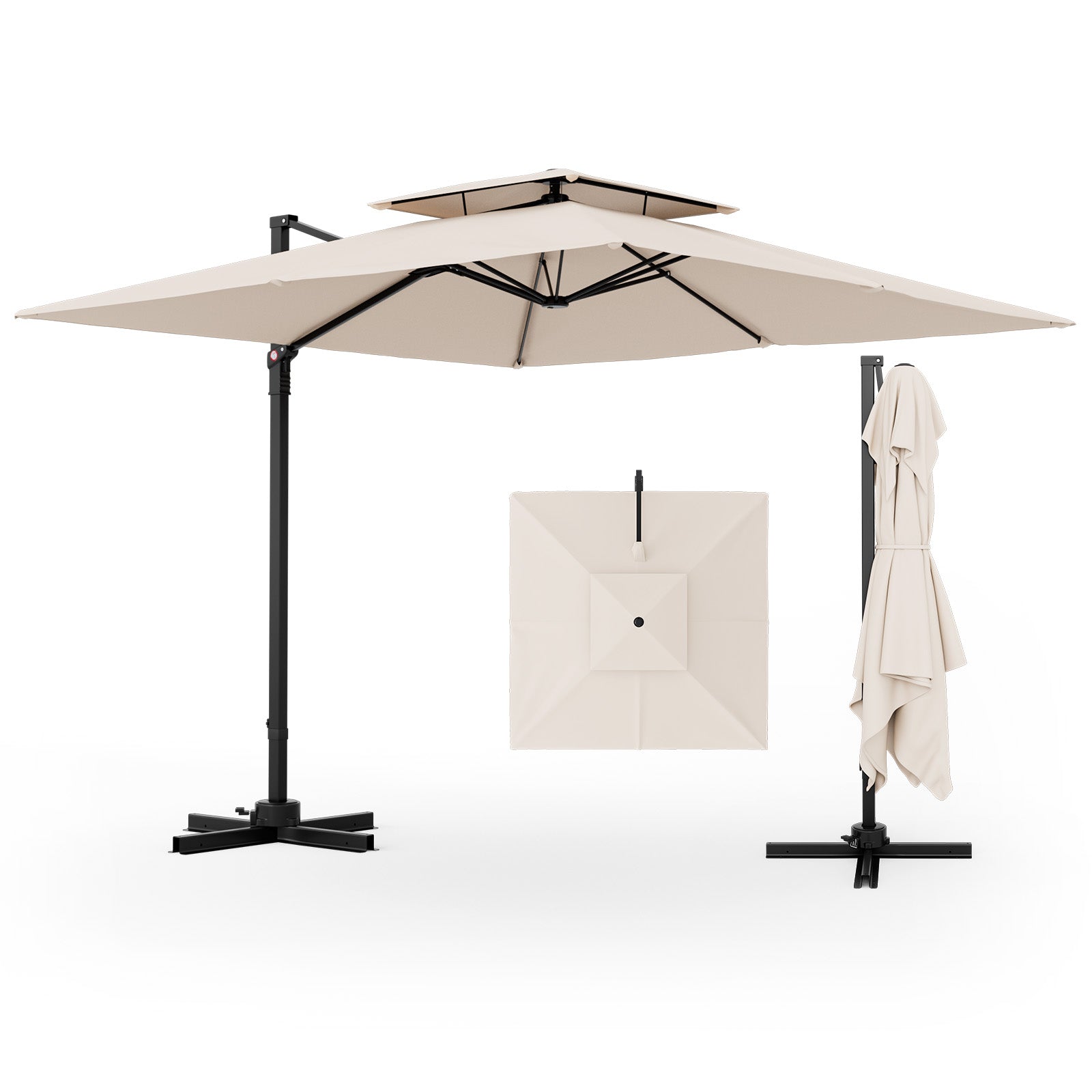 3M Square Cantilever Garden Parasol with 360° Rotation and Double Top-Beige