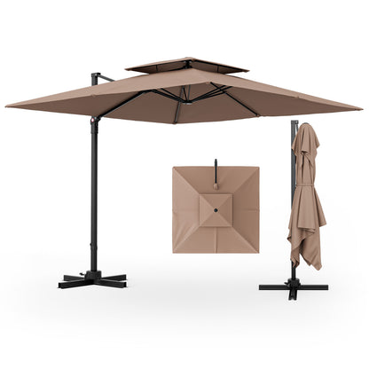 3M Square Cantilever Garden Parasol with 360° Rotation and Double Top-Coffee