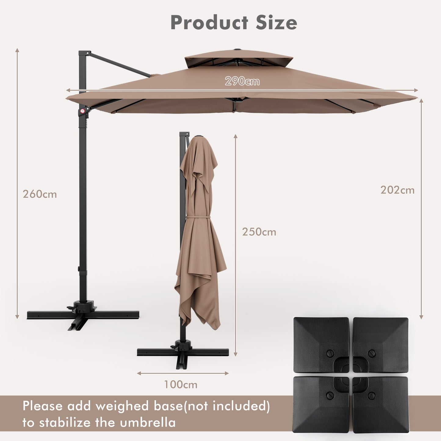 3M Square Cantilever Garden Parasol with 360° Rotation and Double Top-Coffee