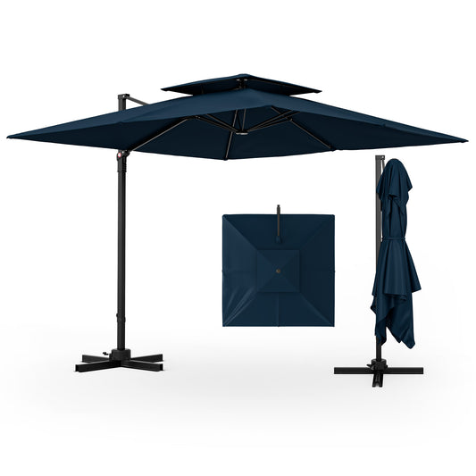 3M Square Cantilever Garden Parasol with 360° Rotation and Double Top-Navy