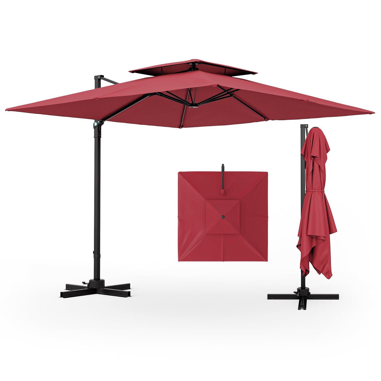 3M Square Cantilever Garden Parasol with 360° Rotation and Double Top-Wine