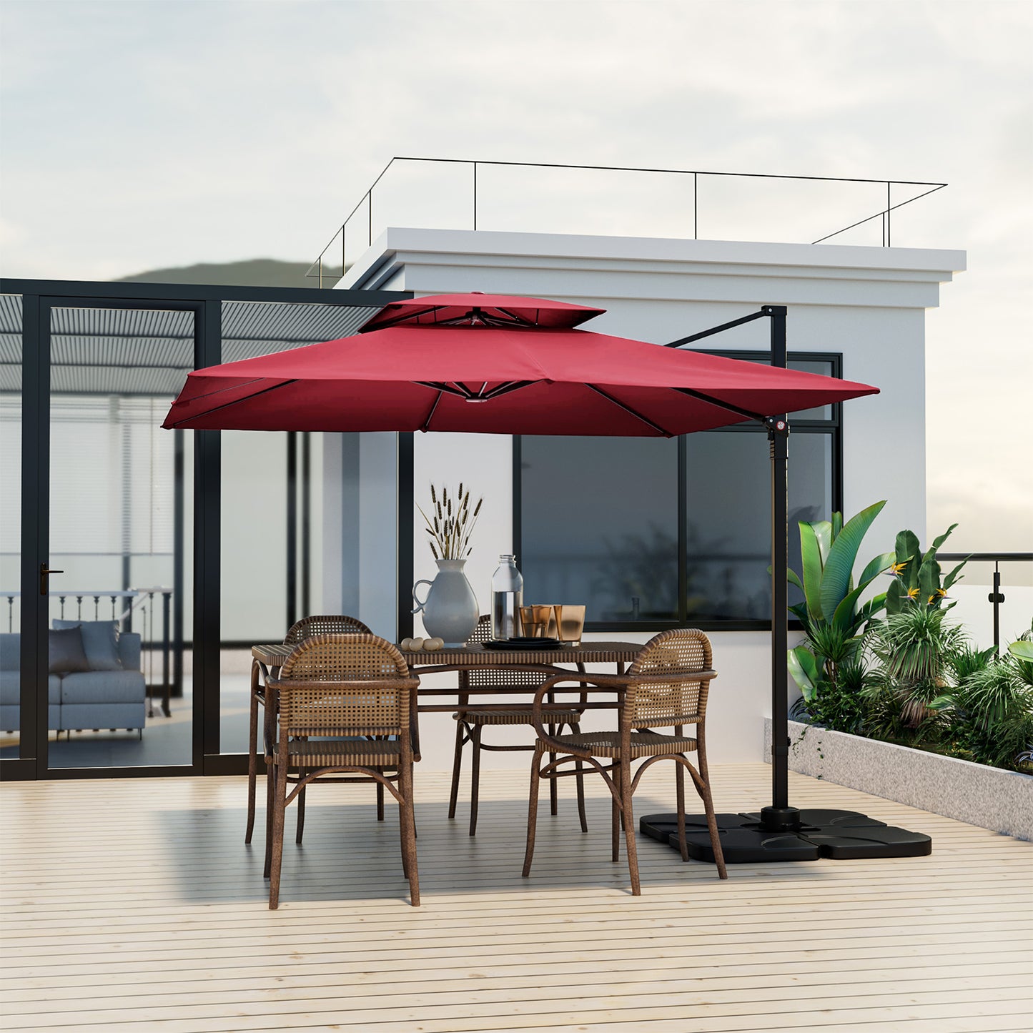 3M Square Cantilever Garden Parasol with 360° Rotation and Double Top-Wine