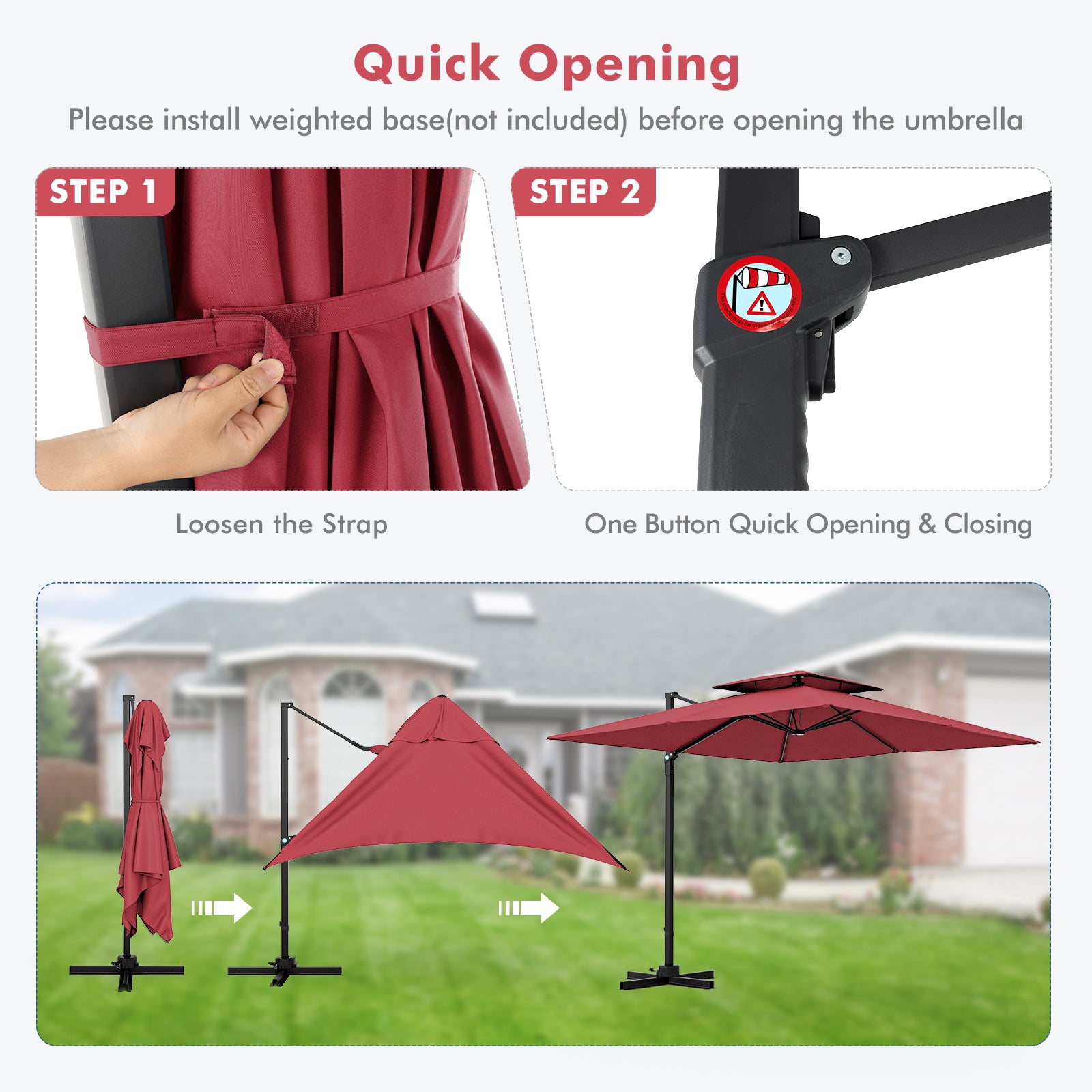 3M Square Cantilever Garden Parasol with 360° Rotation and Double Top-Wine