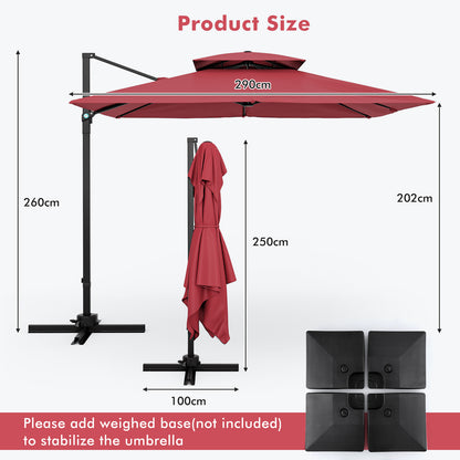 3M Square Cantilever Garden Parasol with 360° Rotation and Double Top-Wine