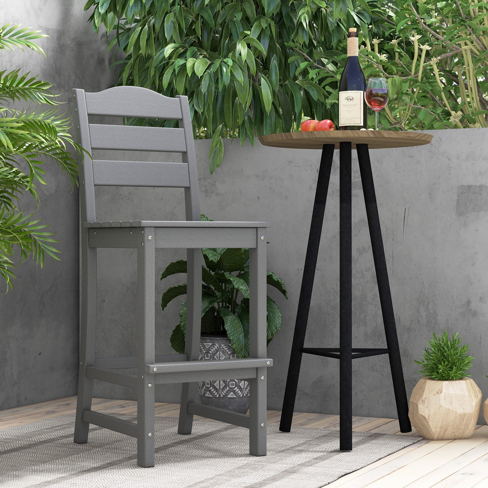 Outdoor HDPE Bar Stool with Backrest and Footrest-Grey