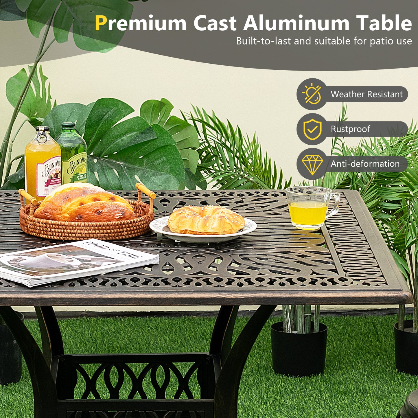 Patio Round/Square Aluminium Dining Table with Umbrella Hole-Square