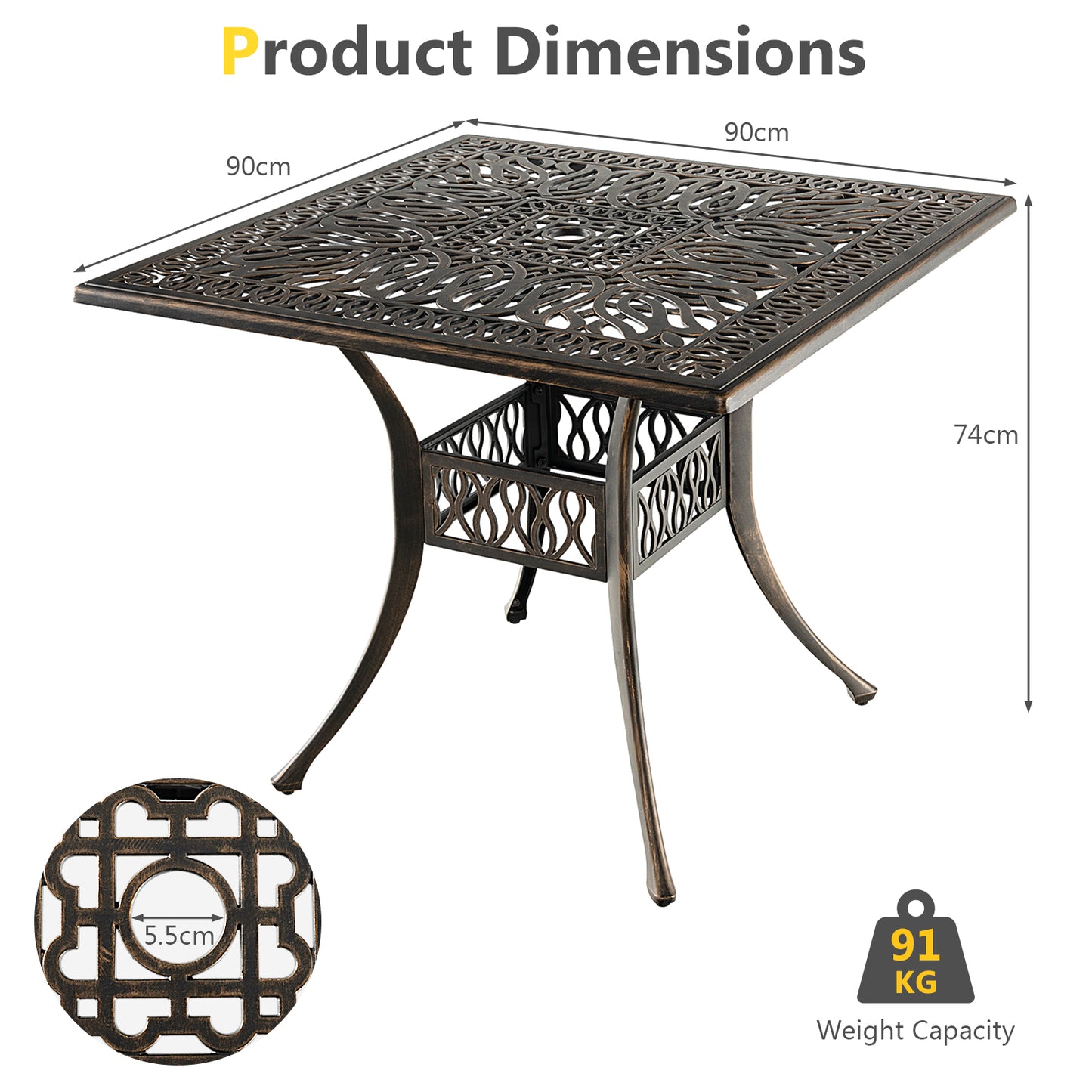 Patio Round/Square Aluminium Dining Table with Umbrella Hole-Square