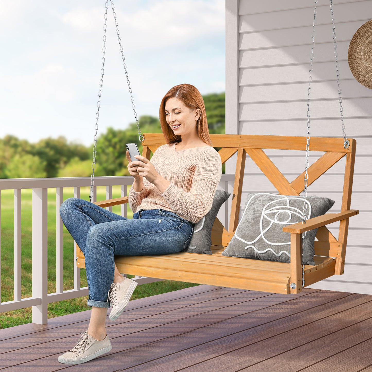 2-Person Porch Swing Chair with Adjustable Chains-Natural