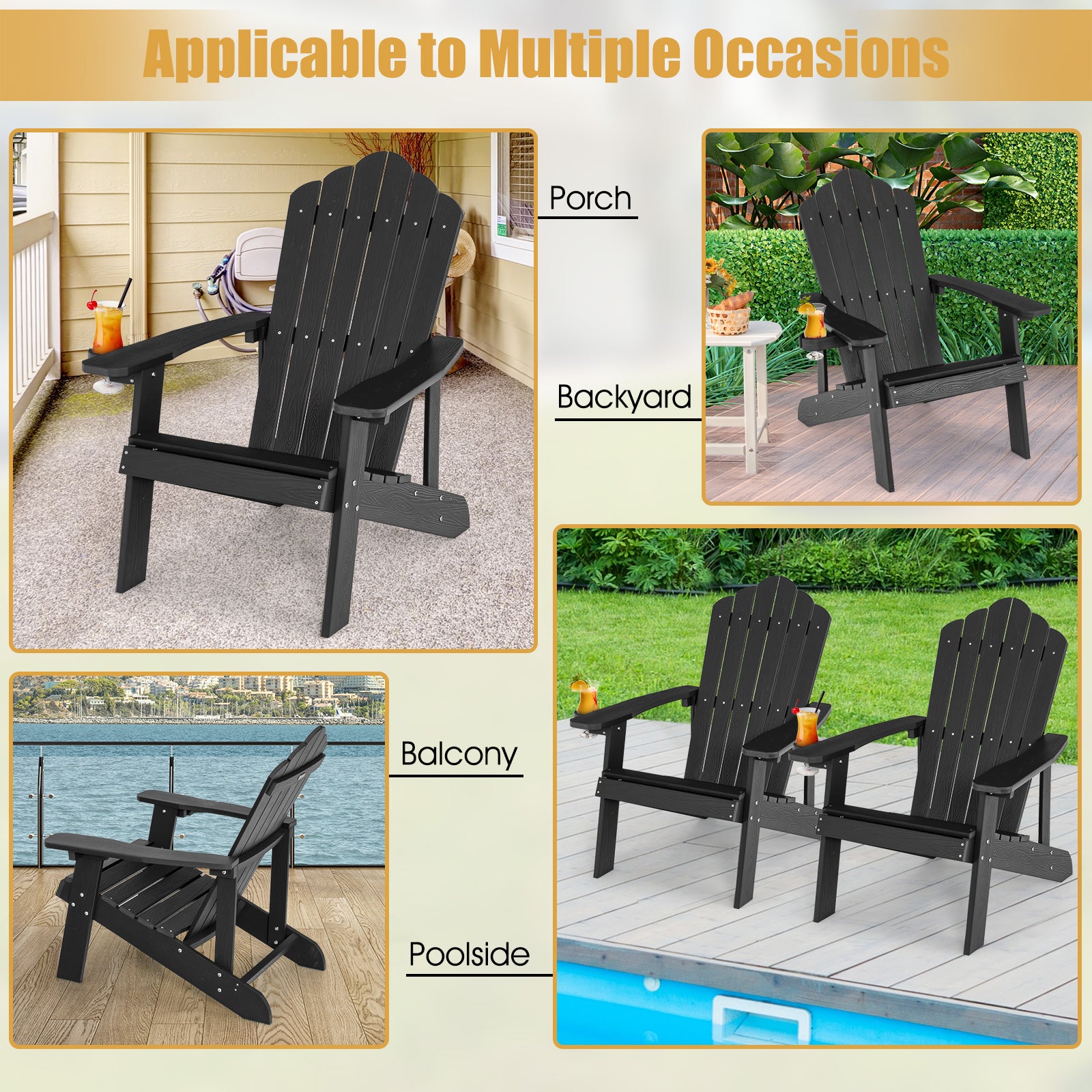 Adirondack Chair with Movable Cup Holder for Fire Pit Beach Deck -Black