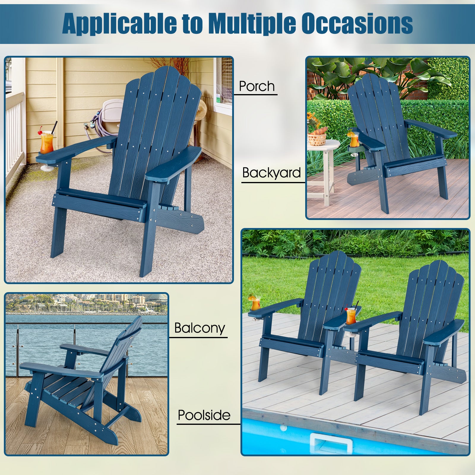 Adirondack Chair with Movable Cup Holder for Fire Pit Beach Deck -Navy