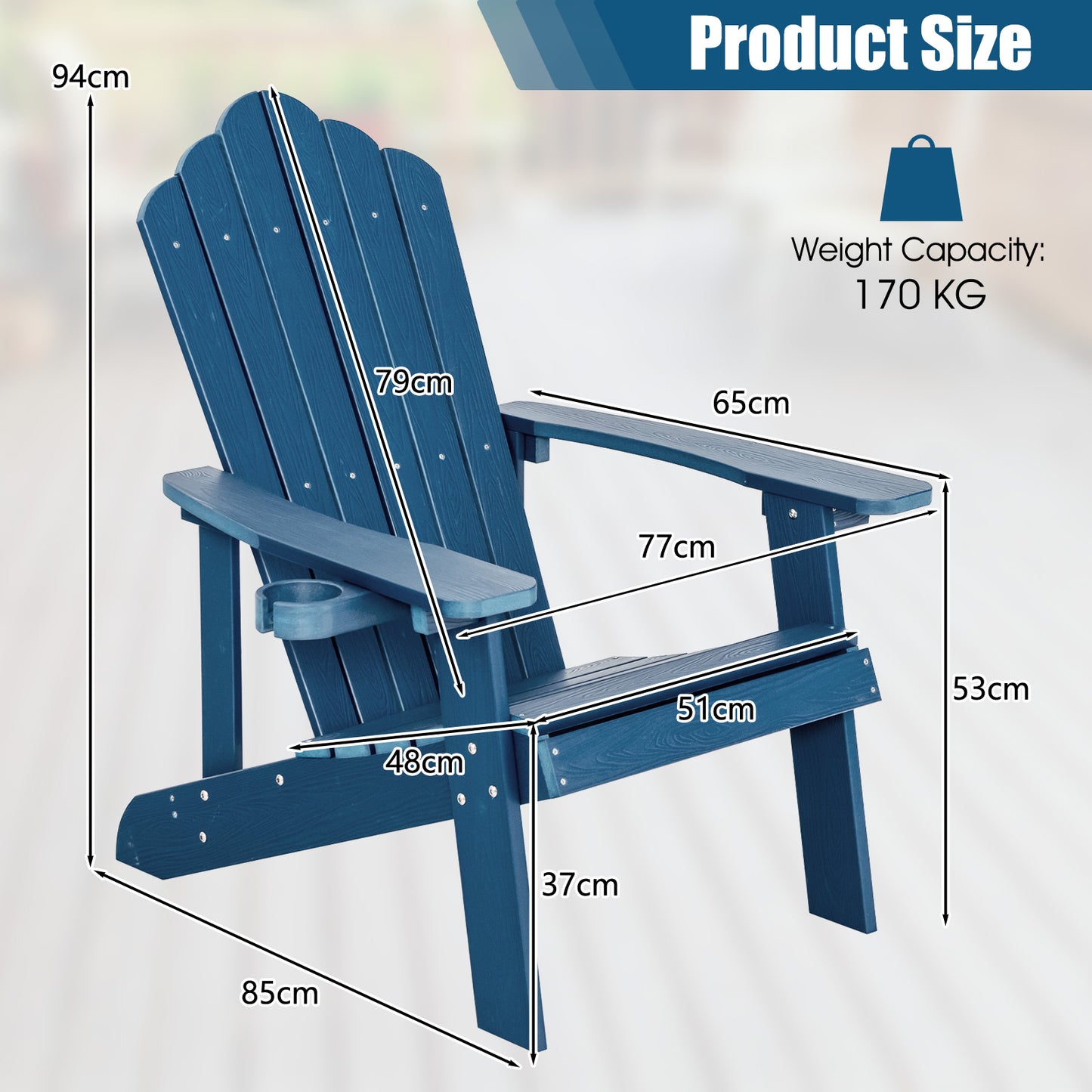 Adirondack Chair with Movable Cup Holder for Fire Pit Beach Deck -Navy