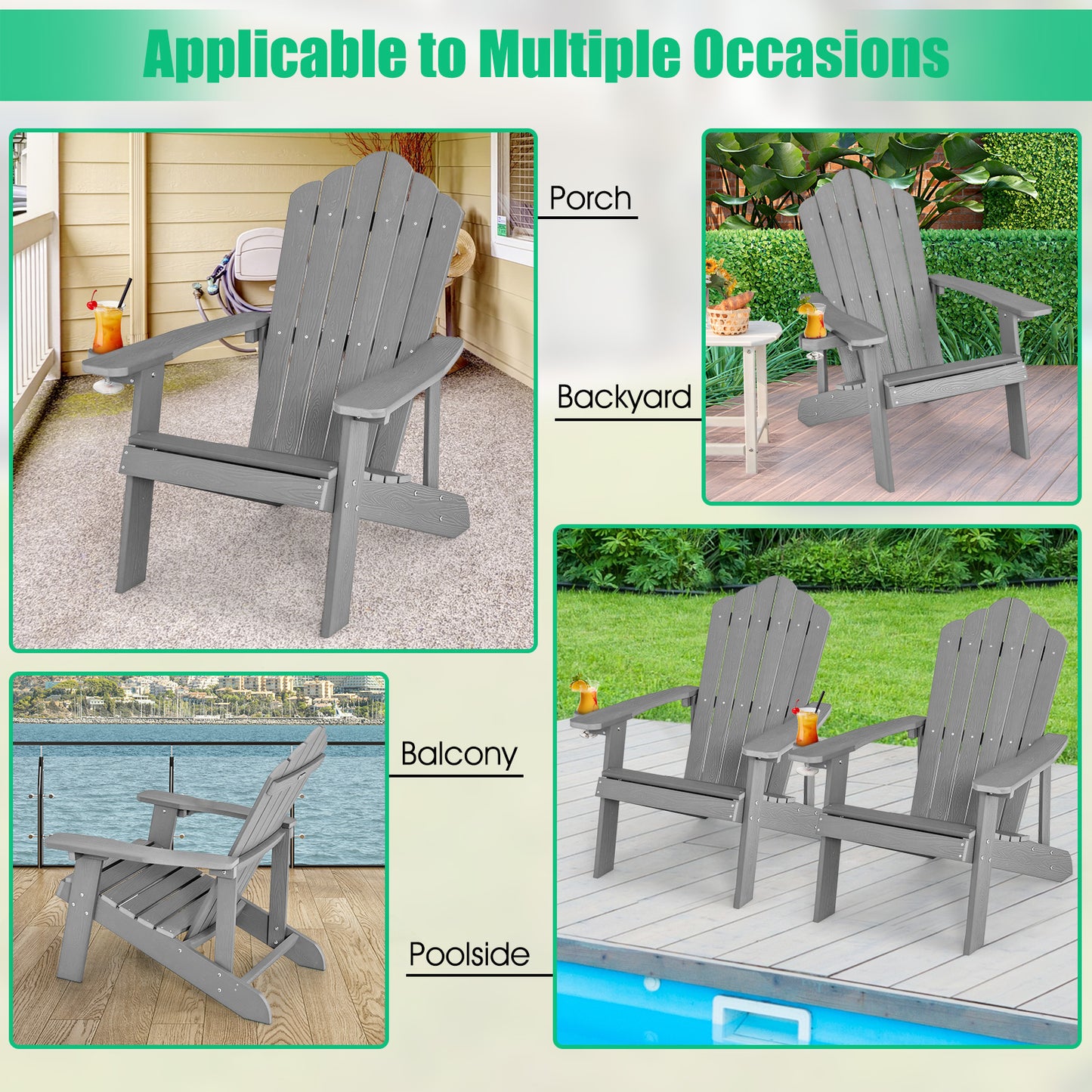 Adirondack Chair with Movable Cup Holder for Fire Pit Beach Deck -Grey