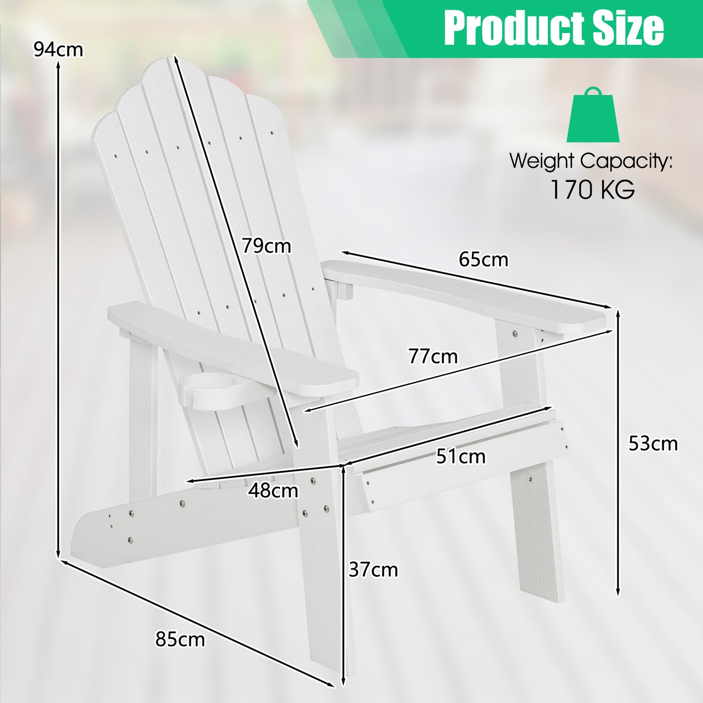 Adirondack Chair with Movable Cup Holder for Fire Pit Beach Deck -White