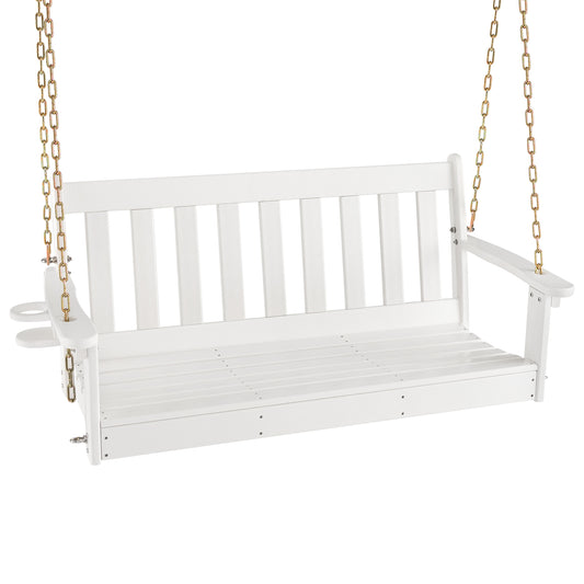 HDPE Porch Swing with Hidden Cup Holder and Adjustable Secure Chains-White