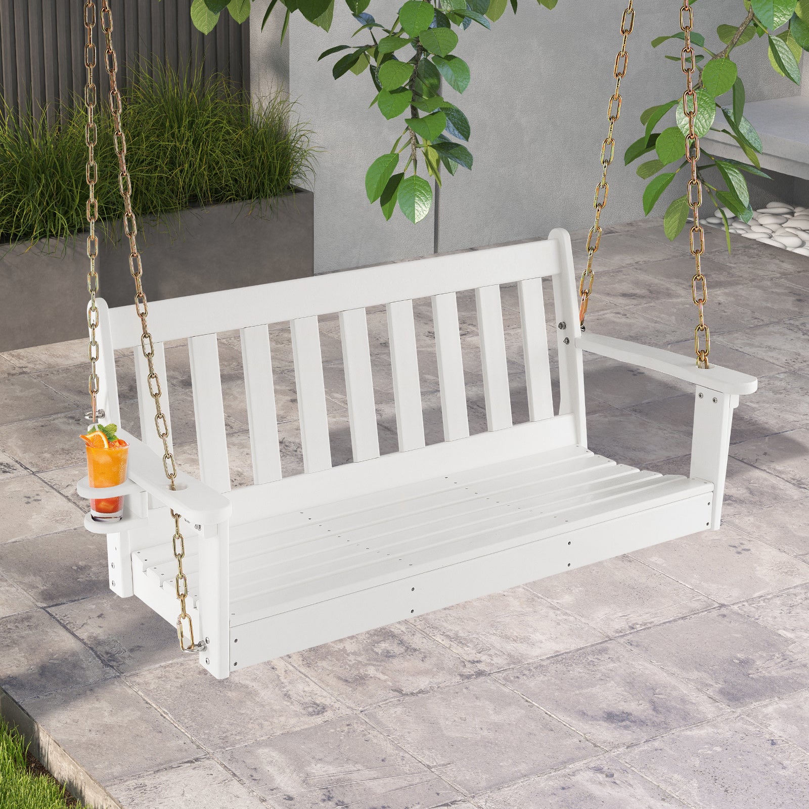 HDPE Porch Swing with Hidden Cup Holder and Adjustable Secure Chains-White