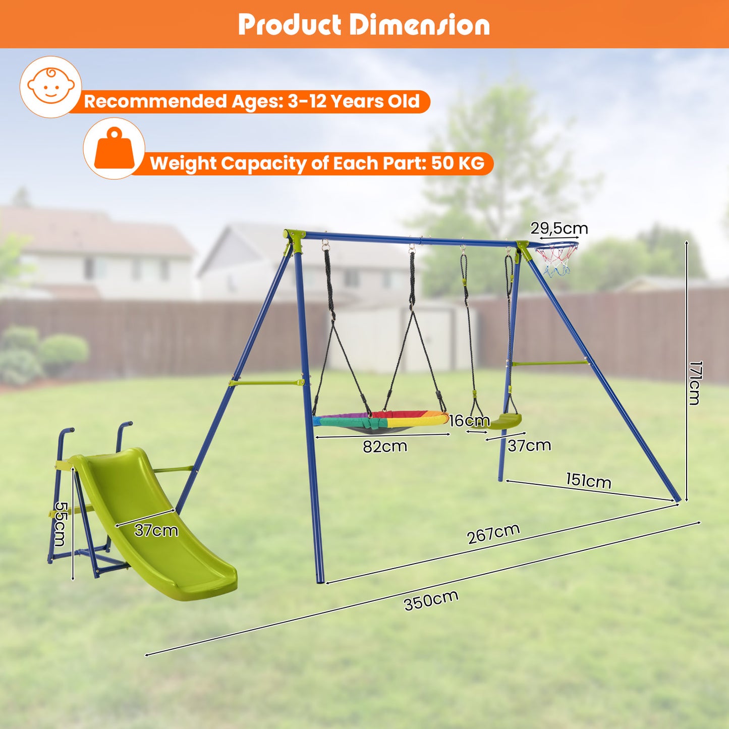 4-in-1 Swing Set Heavy-Duty Metal Playset with Slide and Basketball Hoop