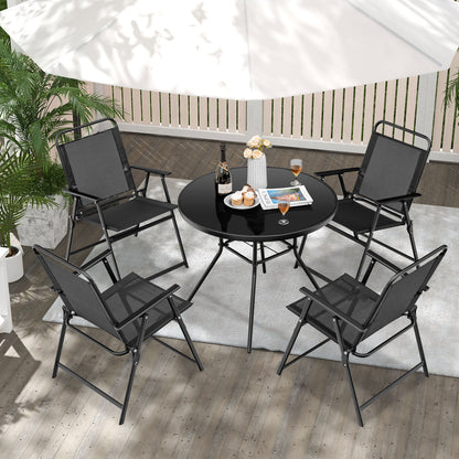 Outdoor Folding Chairs Set of 4 with Breathable Seat and Cozy Armrests-Black