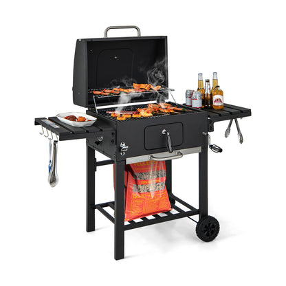 Charcoal BBQ Grill with Foldable Side Tables Hooks and Wheels