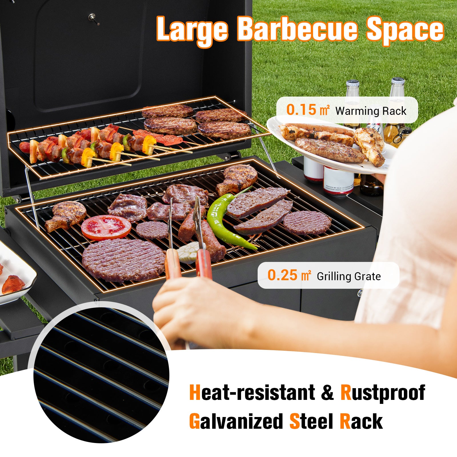 Charcoal BBQ Grill with Foldable Side Tables Hooks and Wheels