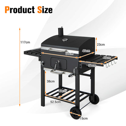 Charcoal BBQ Grill with Foldable Side Tables Hooks and Wheels