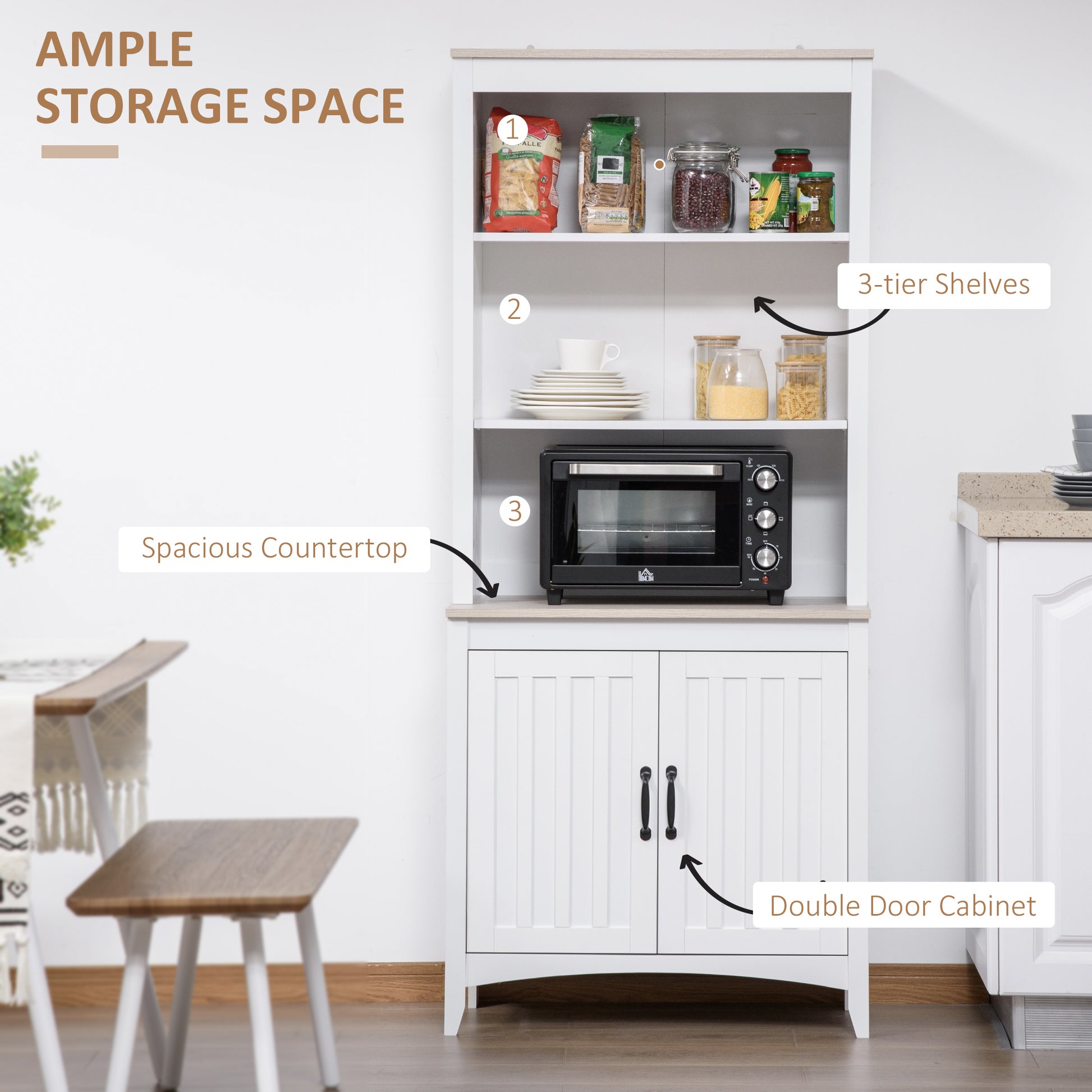 HOMCOM Kitchen Cupboard with 3-tier Shelving Double-door Storage Cabinet, Sideboard with Adjustable Shelves Microwave Oven Counter Top, White