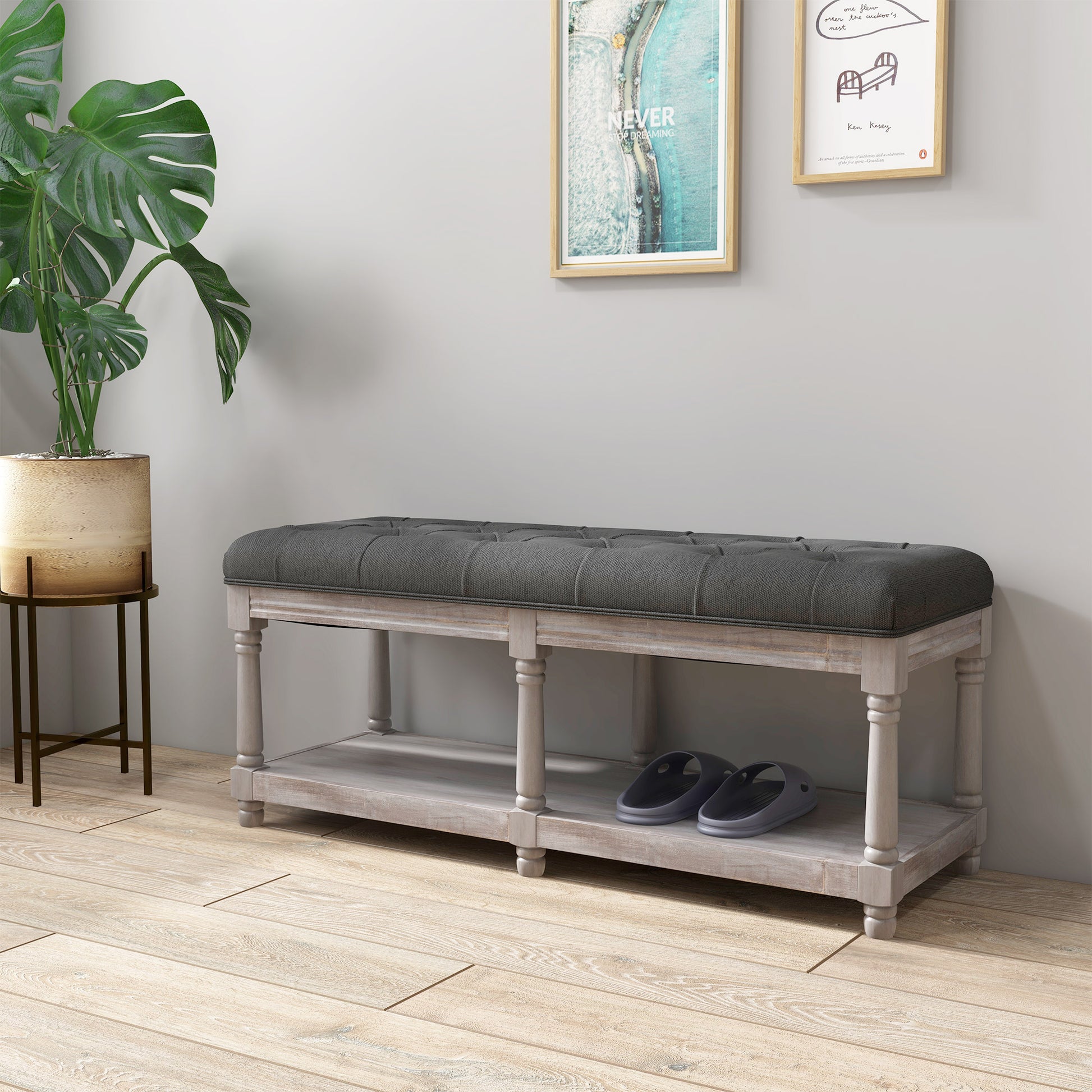 HOMCOM 2 Tier Shoe Rack Bench with Button Tufted Upholstered Cushion, Vintage Bed End Bench, Wooden Window Seat for Hallway, Living Room, Bedroom-Grey