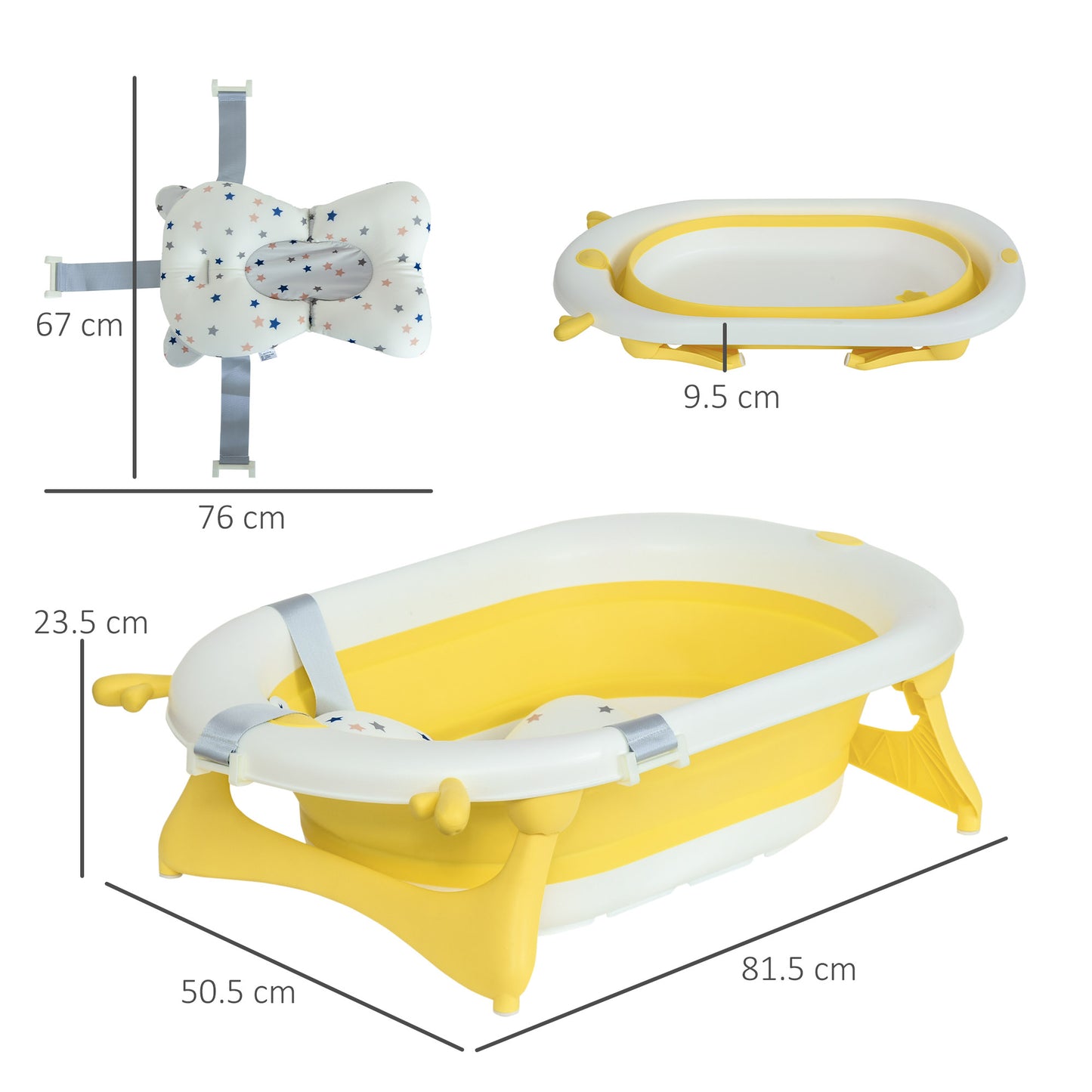 HOMCOM Collapsible Baby Bath Tub Foldable Ergonomic w/ Cushion Temperature Sensitive Water Plug Non-Slip Support Leg Portable for 0-3 Years, Yellow