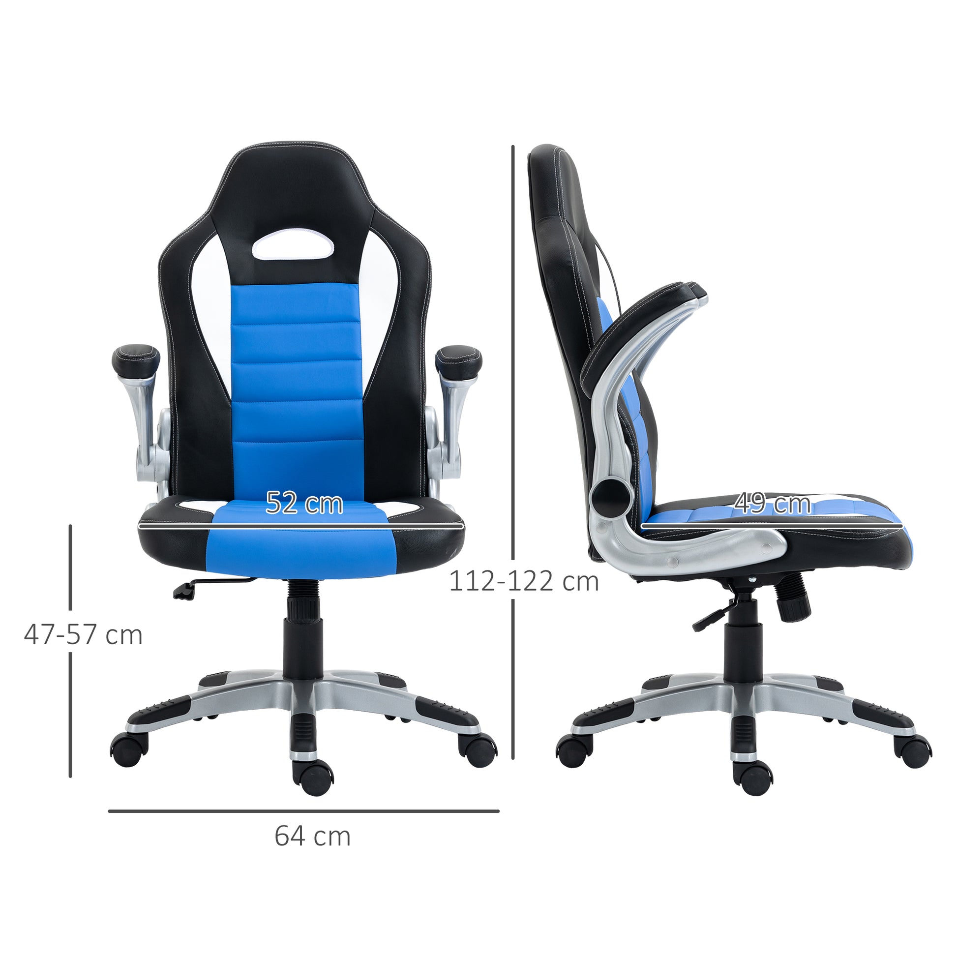 HOMCOM Racing Gaming Chair, PU Leather Computer Desk Chair, Height Adjustable Swivel Chair With Tilt Function and Flip Up Armrests, Blue