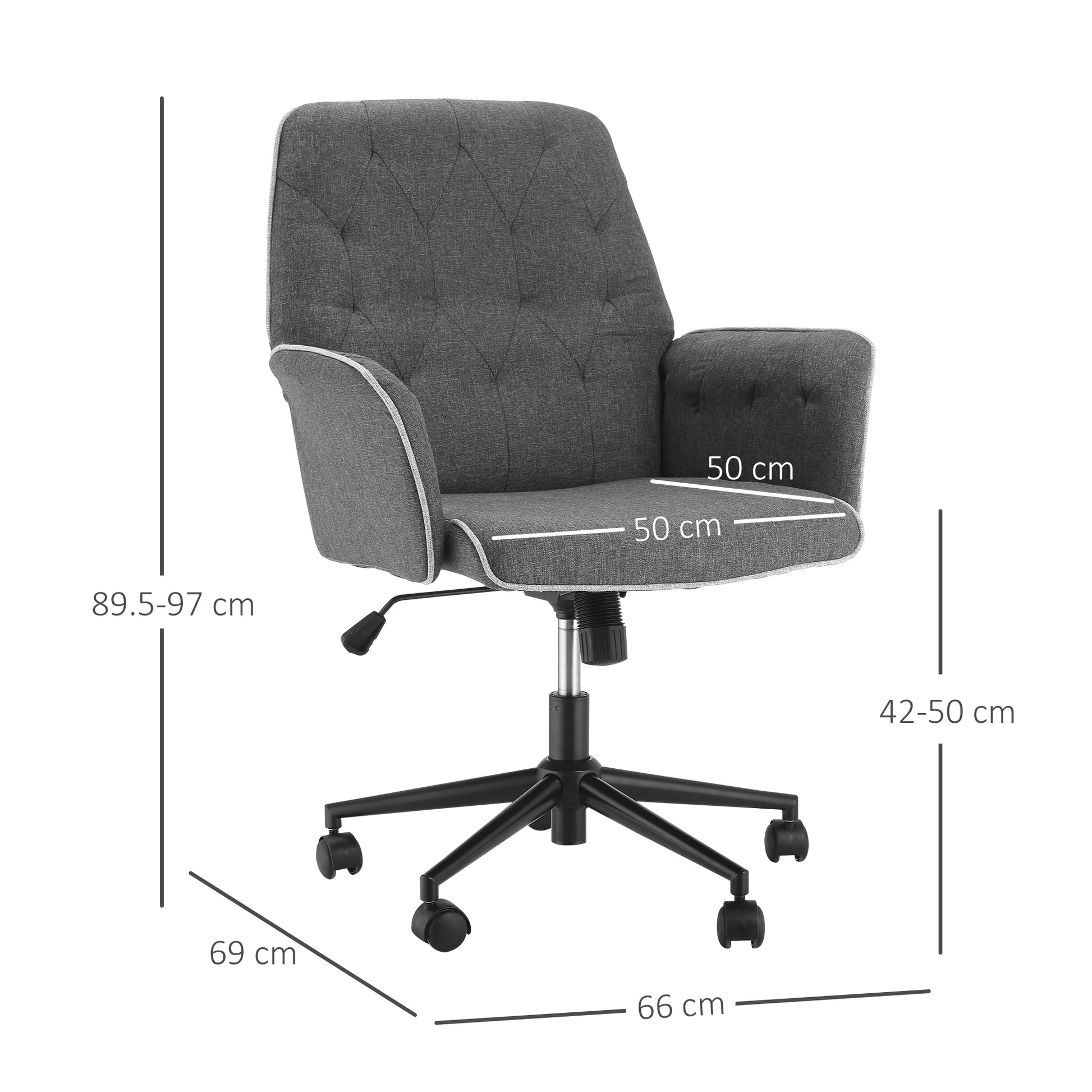 HOMCOM Linen Office Swivel Chair Mid Back Computer Desk Chair with Adjustable Seat, Arm - Grey