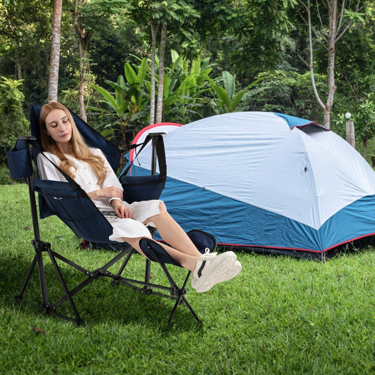 Folding Hammock Chair with Retractable Footrest and Bag-Navy