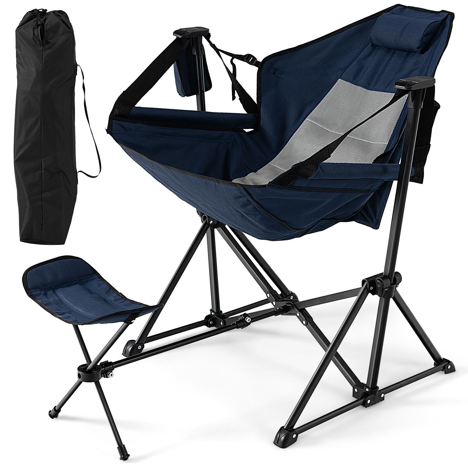 Folding Hammock Chair with Retractable Footrest and Bag-Navy