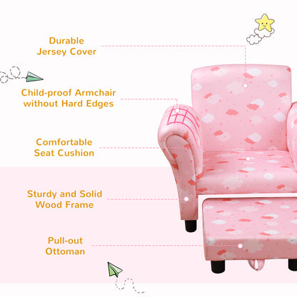 HOMCOM Kids Children Armchair Mini Sofa Wood Frame w/ Footrest Anti-Slip Legs High Back Arms Bedroom Playroom Furniture Cute Cloud Star Pink