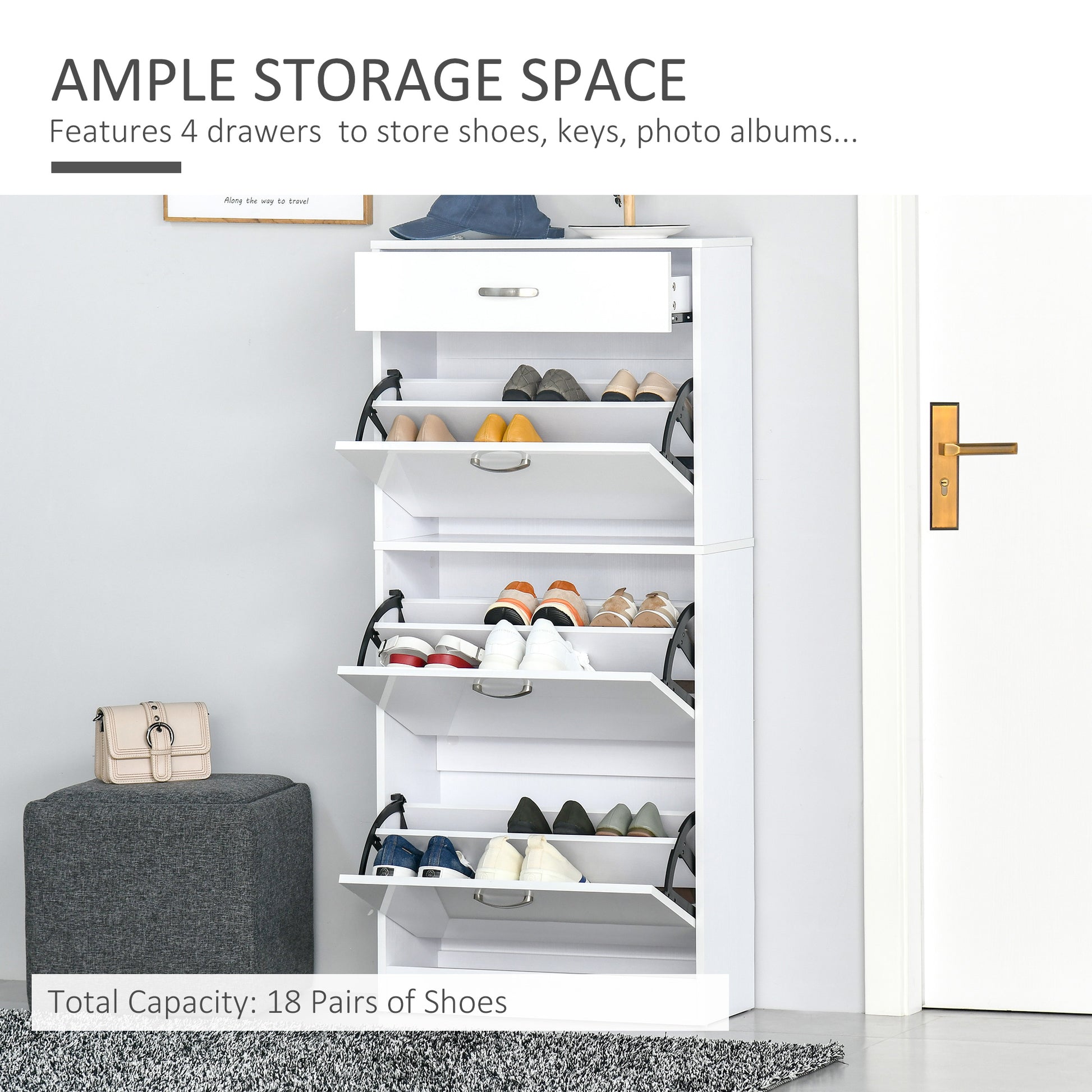 HOMCOM Shoe Cabinet with 4 Drawers Storage High Gloss Cupboard with Flip Doors Pull Down Furniture Unit with Adjustable Shelves for 18 Pairs White