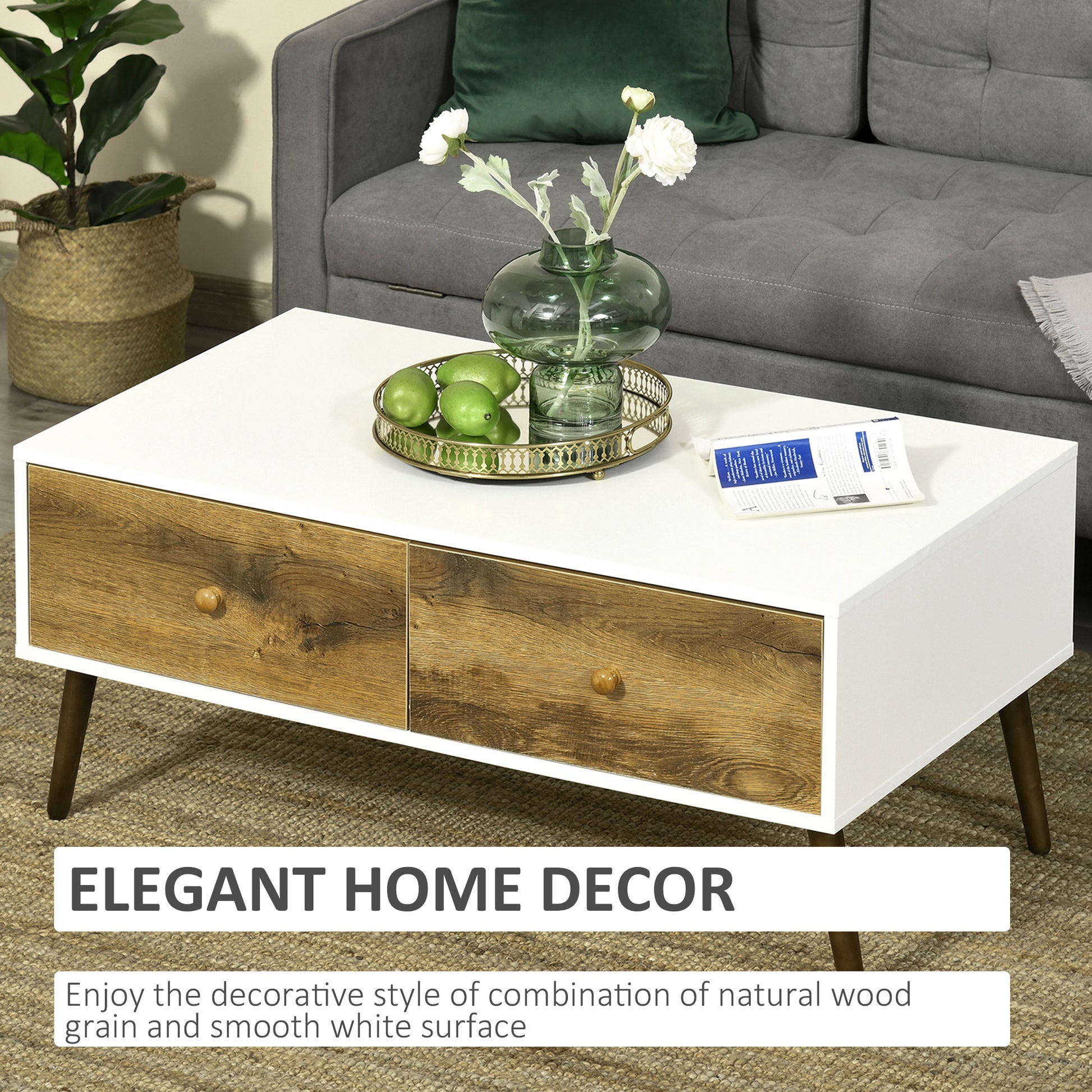 HOMCOM Coffee Table for Living Room, Office, Study Room, Reception Room, w/ 4 Storage Drawers, Sofa Table, Graceful Functional Table, Natural Wood