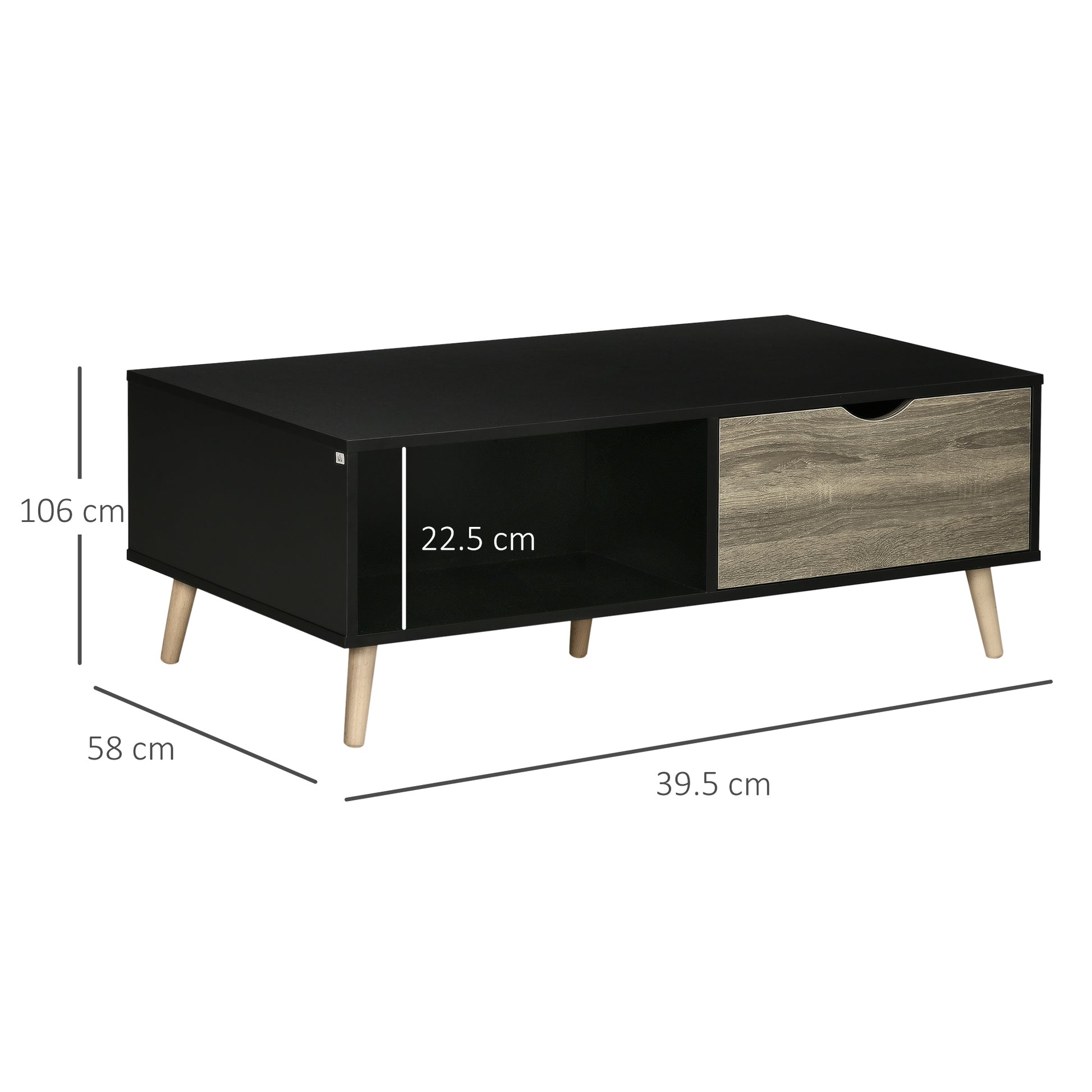 HOMCOM Coffee Table, Modern Tea Table with Open Storage Shelves, Two Drawers and Solid Wood Legs, Coffee Tables for Living Room, Bed Room, Black