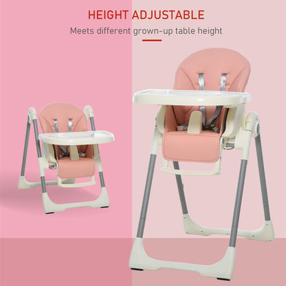 HOMCOM Foldable Baby High Chair Convertible to Toddler Chair Height Adjustable with Removable Tray 5-Point Harness Mobile with Wheels Pink