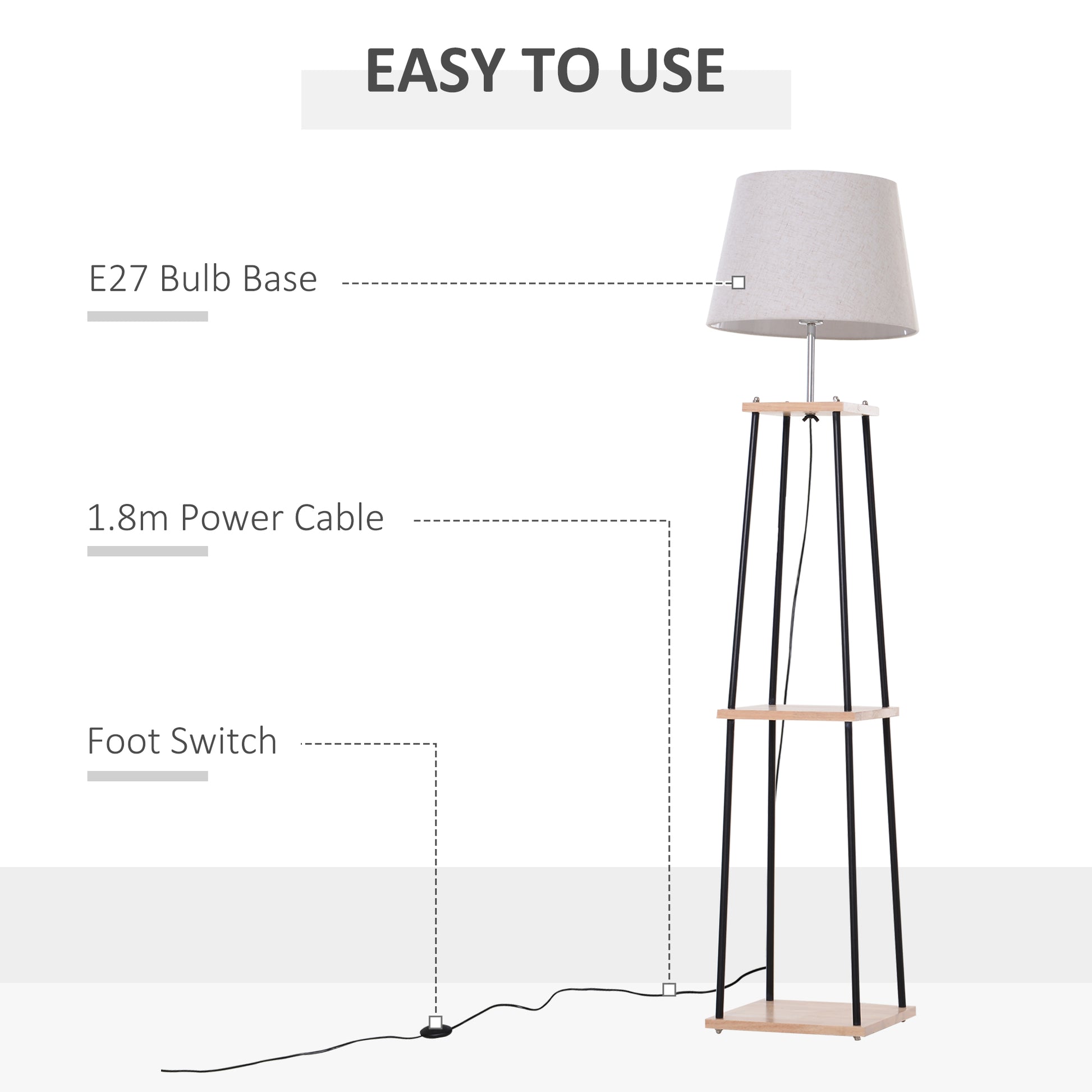 HOMCOM Metal Tripod Floor Lamp w/ 3-Tier Shelves Foot Switch Modern Stylish E27 Lampshade Base  Functional Duo Design