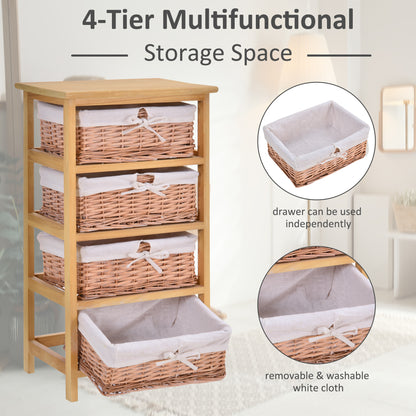 HOMCOM 4 Drawer Dresser Wicker Basket Storage Shelf Unit Wooden Frame Home Organisation Cabinet Bedroom Office Furniture Natural Finish 73x40cm